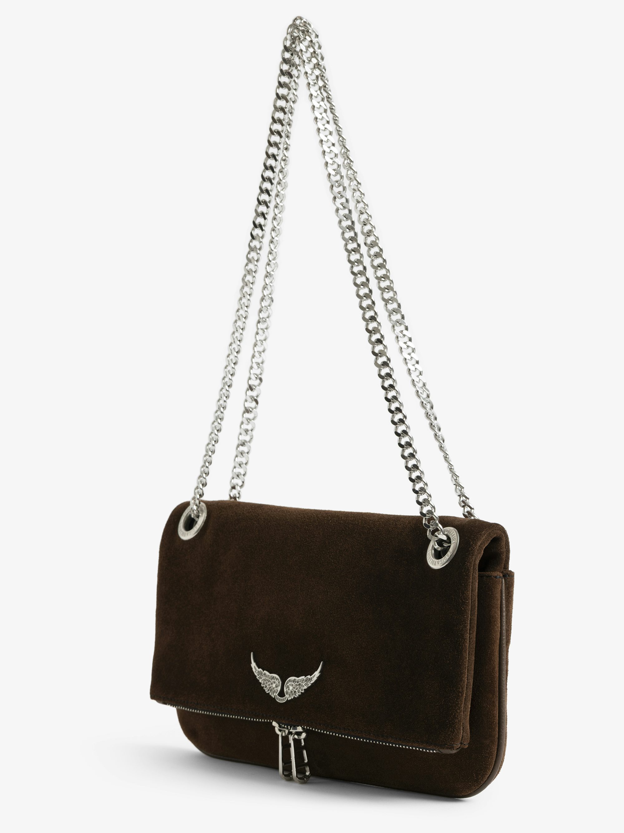 Rock II Suede Clutch - Suede leather clutch with sliding metal chain and signature wings.
